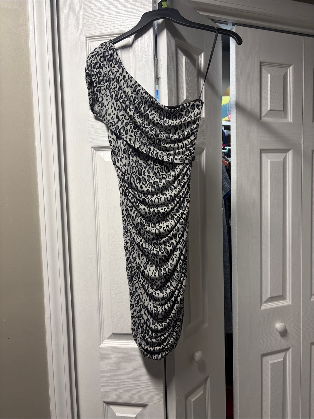 Sweet Storm One-Shoulder Black & White Leopard Ruched Dress